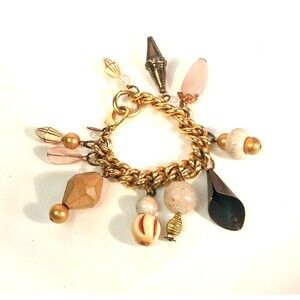 Kate Hines Gold Tone Statement Charm Bracelet plastic metal Beads Vintage signed